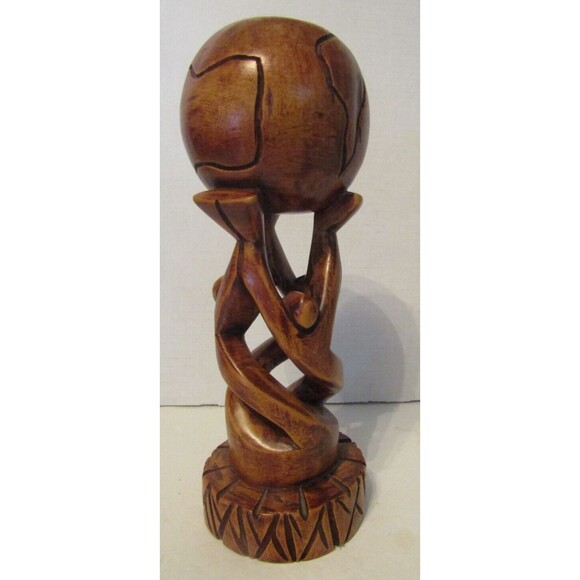 Vintage African Tribal Unity Globe Sculpture Wood Hand Carved Art 10 in - Picture 2 of 5